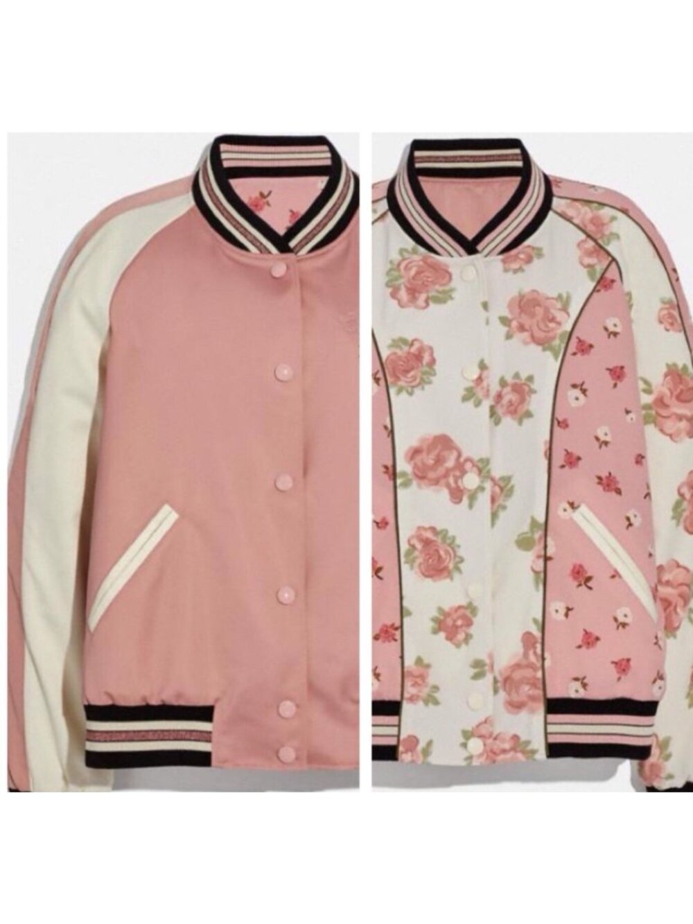 Coach Women’s Reversible Floral Varsity Bomber Jacket Pink White Snap Front